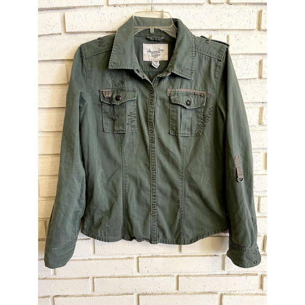 American Rag Utility Jacket/Shirt Medium Olive Green Snap & Roll Tab‎ Distressed
